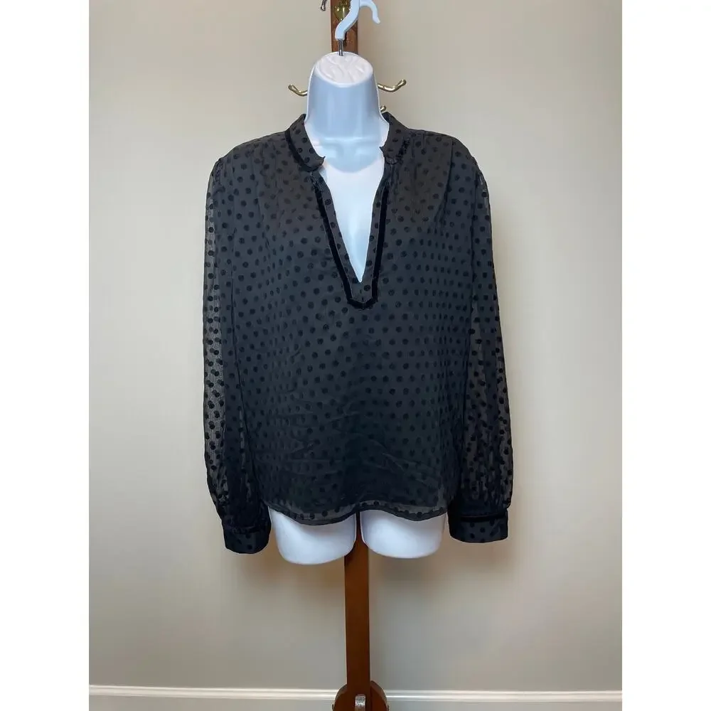 Loft Black Chiffon Velvet Trim Puff Sleeve Sheer Dot Top Size XL New With Tag